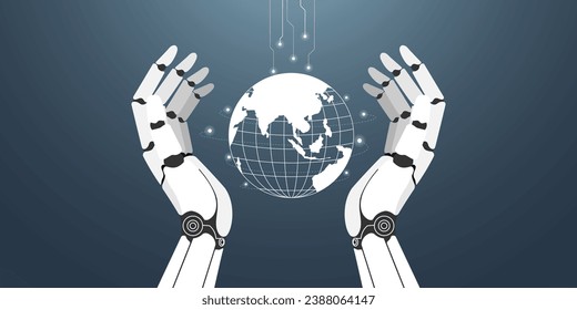 The concept of a robotic hand holding a line globe. Artificial Intelligence takes control of the Earth. The world uses AI technology for communicating, working, creating, drawing, and writing books.