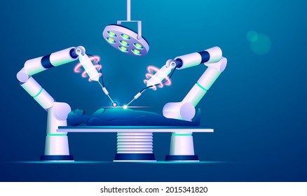 concept of robotic surgery or medical technology advancement, graphic of robotic arms operating human with futuristic element