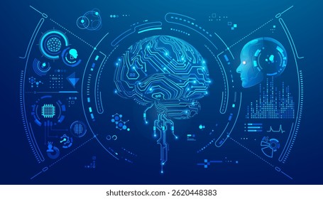 conceito de robótica em neurocirurgia ou aprendizagem de máquina, gráfico do cérebro de IA com interface de tecnologia médica e assistência de inteligência artificial