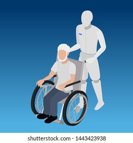 Concept of robots replacing humans in Nursing home.Robot caring for the elderly.