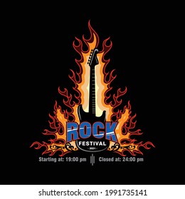 The concept of a rock festival logo with a combination of guitar and fire is suitable for logo designs for t-shirts, banners, backgrounds, wallpappers and others.