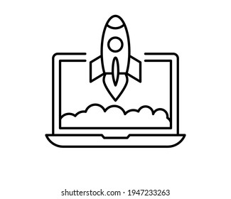 Concept rocket launch from laptop icon. Space rocket flying from notebook into space. Conceptual business startup symbol. Thin line icon on white background. Vector illustration