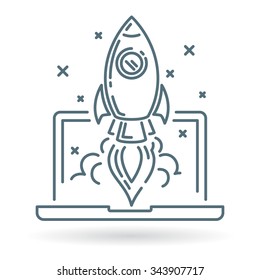 Concept rocket launch from laptop icon. Space rocket flying from notebook into space. Conceptual business startup symbol. Thin line icon on white background. Vector illustration.