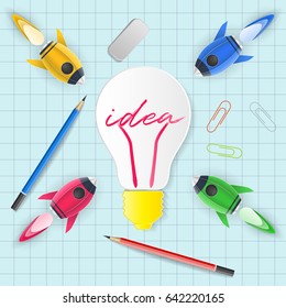 Concept rocket launch paper art style , start up business concept and idea. vector illustration.