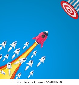Concept rocket launch to target paper art style , start up business concept and exploration idea. vector illustration.