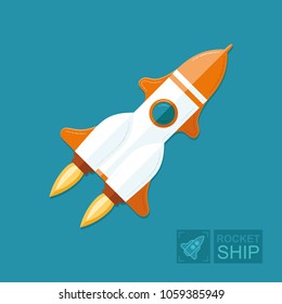 Concept rocket on a blue sky background. The spacecraft in space is a symbol of science and achievement of goals in business. Graphic vector flat illustration