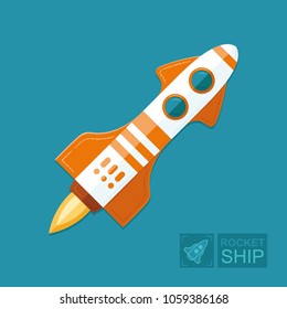 Concept rocket on a blue sky background. The spacecraft in space is a symbol of science and achievement of goals in business. Graphic vector flat illustration