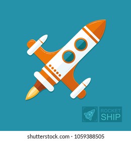 Concept rocket on a blue sky background. The spacecraft in space is a symbol of science and achievement of goals in business. Graphic vector flat illustration