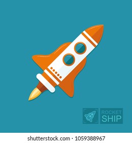 Concept rocket on a blue sky background. The spacecraft in space is a symbol of science and achievement of goals in business. Graphic vector flat illustration
