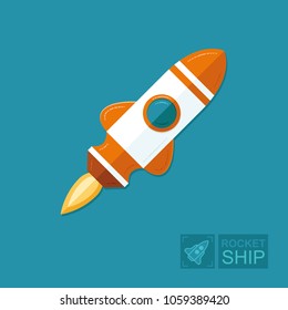 Concept rocket on a blue sky background. The spacecraft in space is a symbol of science and achievement of goals in business. Graphic vector flat illustration