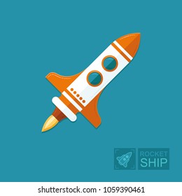 Concept rocket on a blue sky background. The spacecraft in space is a symbol of science and achievement of goals in business. Graphic vector flat illustration