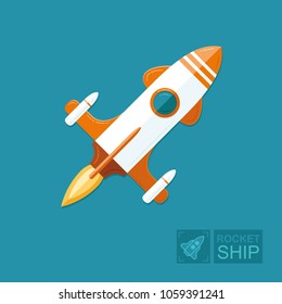 Concept rocket on a blue sky background. The spacecraft in space is a symbol of science and achievement of goals in business. Graphic vector flat illustration