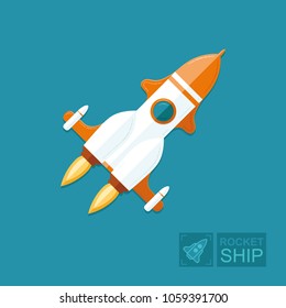 Concept rocket on a blue sky background. The spacecraft in space is a symbol of science and achievement of goals in business. Graphic vector flat illustration