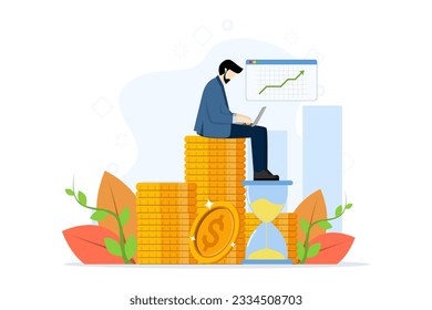 Concept of ROI, return on investment, financial solutions. People invest money. Woman managing financial chart. Vector illustration in flat design for UI, web banner, mobile app. vector illustration.