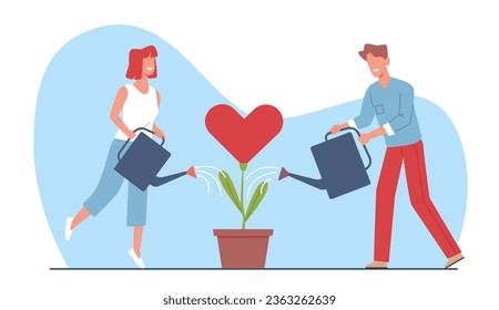 Concept of romance and relationship, couple in love watering plant of love. Romantic pair gardening together. Happy man and woman take care of tree. Vector cartoon flat isolated illustration