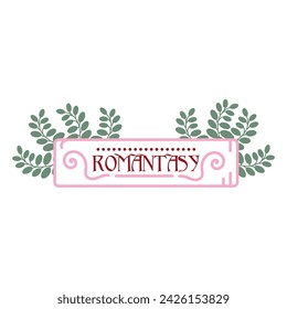 Concept of romance story plot - romantasy, romantic books, novels, tv series, movies love story genre. Cute horizontal frame with plants. Pink tape. Hand-drawn doodle isolated, vector art illustration