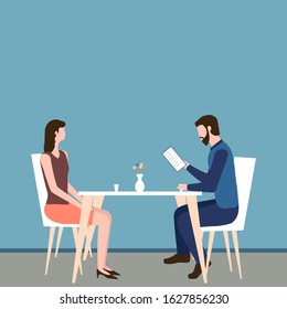 Concept of a romantic or business dinner in a restaurant. Man and woman sit at a table and a guy reads a menu. People have lunch in a café. Vector illustration in flat cartoon style.