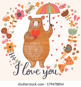 Concept romantic card with cute bear and the rain made of hearts in flowers. Bright invitation card in vector