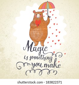 Concept romantic card with cute bear and the rain made of hearts. Bright invitation card in vector