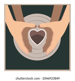 The concept of a romantic date in a pottery workshop. Two people behind a potter's wheel. Vector illustration.