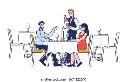 Concept Of Romantic Dinner. Young Happy Couple Is Making An Order In The Restaurant. Waiter Is Pouring Wine. People Spend Unforgettable Time Together. Cartoon Linear Outline Flat Vector Illustration