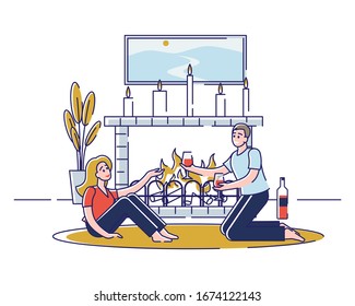 Concept Of Romantic Evening. Young Happy Couple In Love Is Spending Unforgettable Time Together At The Fireplace With Candles. Characters Drink Wine. Cartoon Linear Outline Flat Vector Illustration