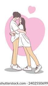 The concept of romantic feelings and tender love. Bright young couple, teenager and girl standing together hugging each other with feelings of love.