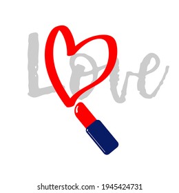 The concept of romantic love. The lipstick draws a red heart. Design for poster, print, postcard, sticker, social media. Vector flat illustration