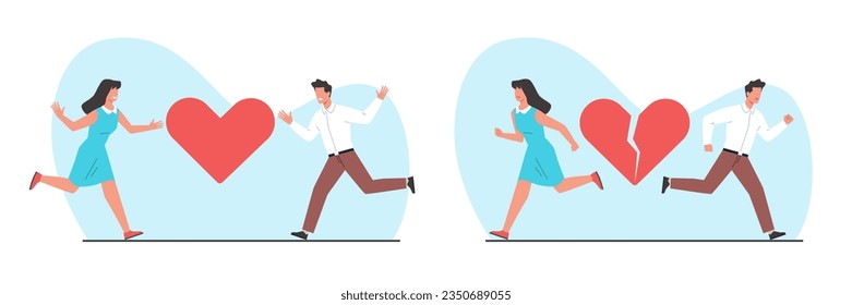 Concept of romantic relationship between woman and man, beginning of love and its ending. People divorce. Half and whole heart. Wife and husband crisis. Cartoon flat isolated vector concept