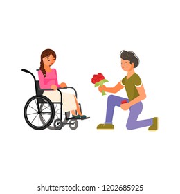 Concept of romantic relationships and marriage of disabled people isolated on white background. Boy say ill you marry me. Love and dating in flat design. Vector illustration eps 10
