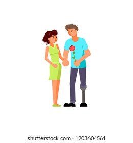 Concept of romantic relationships and marriage of disabled people isolated on white background. Couple of lovers holding hands. Love and dating in flat design. Vector illustration eps 10