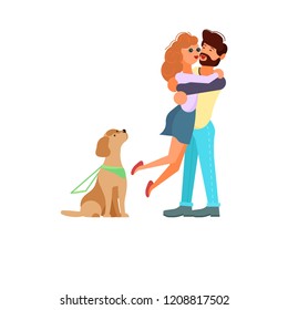 Concept of romantic relationships and marriage of disabled people isolated on white background. Boy holding blind girl in his arms. Love and dating in flat design. Vector illustration eps 10