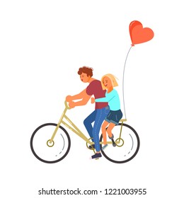 Concept of romantic relationships and marriage of disabled people isolated. Couple of lovers is riding a bike. Love and dating in flat design. Vector illustration eps 10