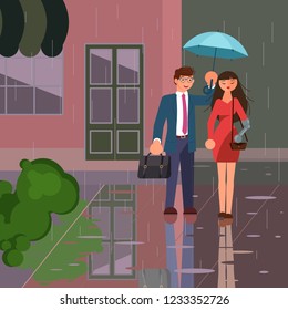 Concept of romantic relationships and marriage of disabled people isolated. Couple of lovers go under the umbrella. Love and dating in flat design. Vector illustration eps 10