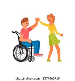 Concept of romantic relationships and marriage of disabled people isolated. Couple of lovers is dancing. Love and dating in flat design. Vector illustration eps 10