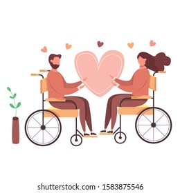 Concept of  romantic relationships and marriage with handicapped people. Vector illustration of love. Family with disabled man and woman. Human relations vector illustration. People in wheelchair.