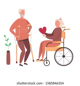  Concept of romantic relationships and marriage with handicapped old people.  Loving senior couple of handicapped Grandfather and Grandmother. Human relations vector illustration