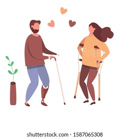 Concept of romantic relationships and marriage with handicapped people.  Loving couple of handicapped man and woman. Human relations vector illustration