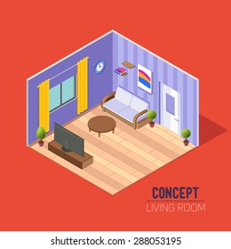 Concept room 3d, a lounge with a sofa and TV, a living room with a window and door curtains, isometrics composition