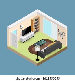 Concept Room Isometrics 3d Composition With A Sofa And A Large Wide Screen TV, A Living Room With Many Furnitures, A Window And Door Open Vector Modern Design.