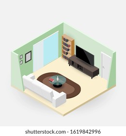 Concept room isometrics 3d composition with a sofa and a large wide screen TV, a living room with many furnitures, a window and door vector modern design.