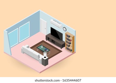 Concept room isometrics 3d composition with a sofa and a large wide screen TV, a living room with many furnitures, a window and door vector modern design.