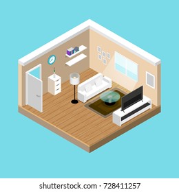 Concept room isometrics 3d composition with a sofa and a large wide screen TV, a living room with a window and door open vector modern design.