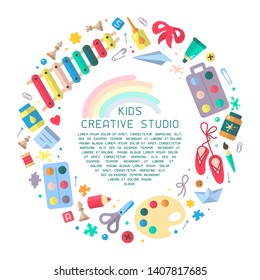 Concept round placard with kids creative studio information