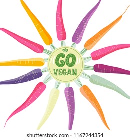 Concept for round sticker with colored rainbow carrots and the text "Go Vegan". For restaurant menu design, posters, packaging.