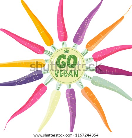 Concept for round sticker with colored rainbow carrots and the text "Go Vegan". For restaurant menu design, posters, packaging.