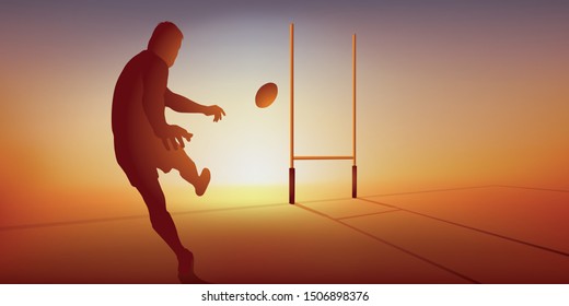 Concept Of Rugby Match With A Player Who Turns A Test, Striking The Ball To Send It Between The Posts.