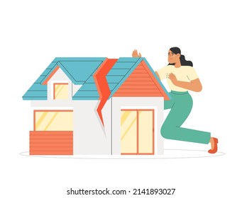 Concepto de casa en ruinas. Ilustración vectorial plana moderna con una mujer joven perdió la propiedad de la casa debido a la guerra o la crisis económica.