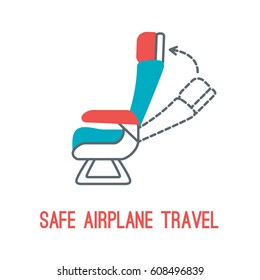 Concept of rules of airplane safety for banner design. Vector thin line icon of chair for safe travel isolated on white. Safe plane flight.