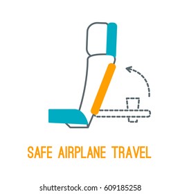 Concept of rules of airplane safety for banner design. Vector thin line icon of chair table position for safe travel isolated on white. Safe plane flight.